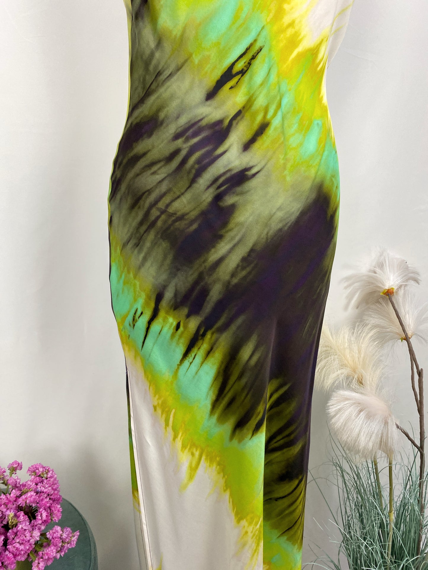 ABITO LUNGO CON SPACCO MULTICOLOR LIME- SOLOTRE