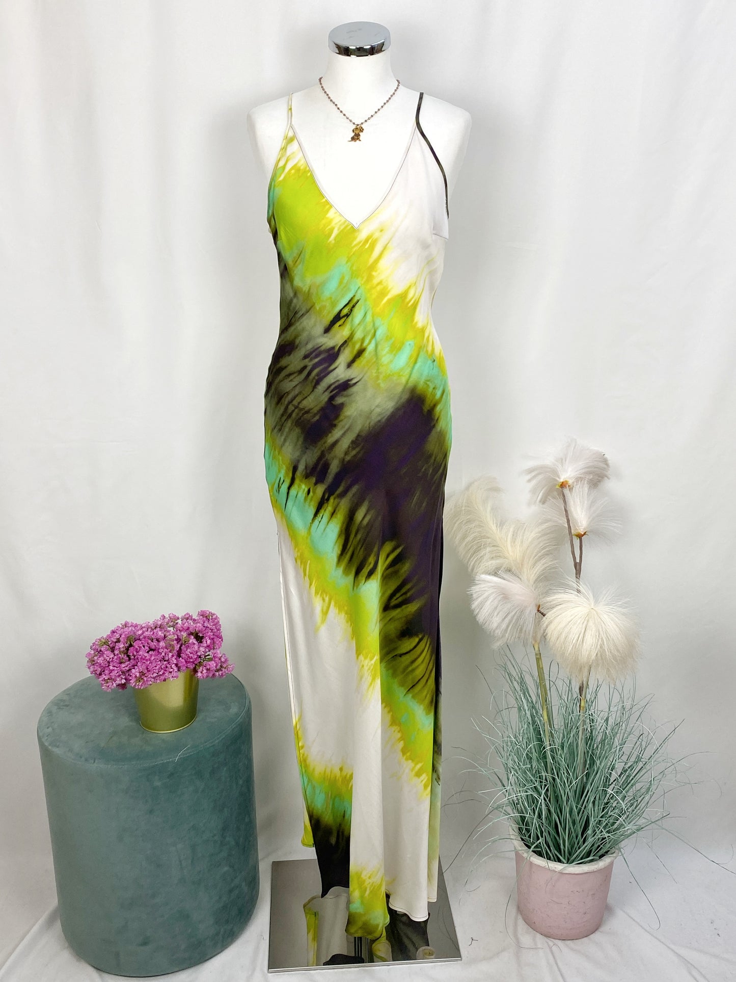 ABITO LUNGO CON SPACCO MULTICOLOR LIME- SOLOTRE